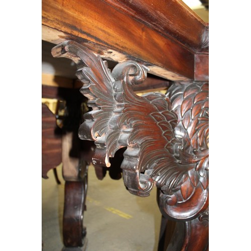 562 - Impressive walnut console table base on scroll supports profusely carved with grotesque birds at eac... 