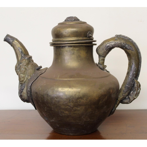 377 - Box of brass and copper including a Tibetan teapot.