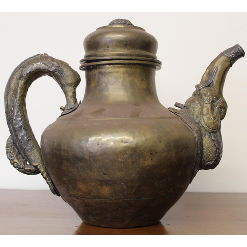 377 - Box of brass and copper including a Tibetan teapot.