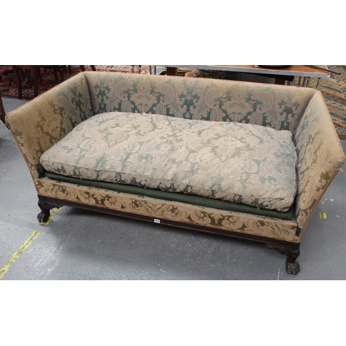 553 - Regency style sofa, upholstered in a pale green floral damask, on carved mahogany hairy paw feet, 69... 