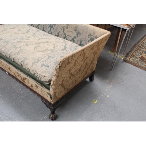 553 - Regency style sofa, upholstered in a pale green floral damask, on carved mahogany hairy paw feet, 69... 