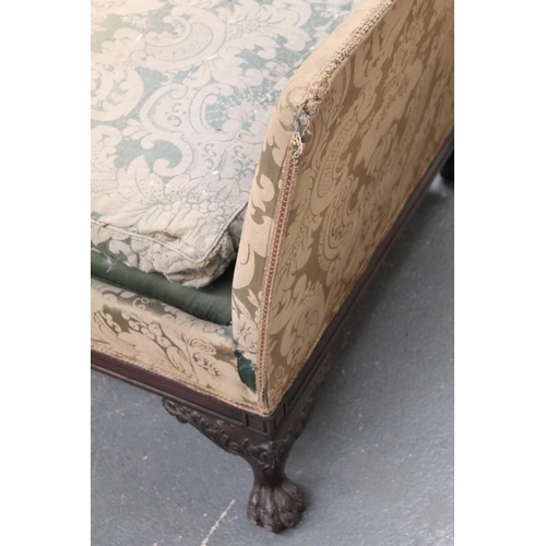 553 - Regency style sofa, upholstered in a pale green floral damask, on carved mahogany hairy paw feet, 69... 