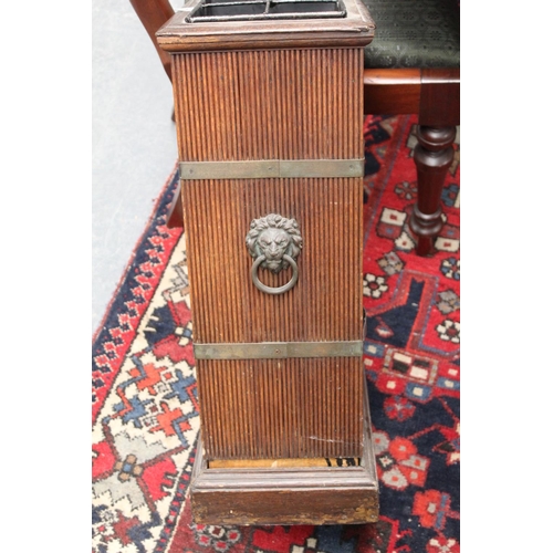 571 - Early 20th century oak stick stand with faux wicker sides bound with brass banding & lions mask ... 