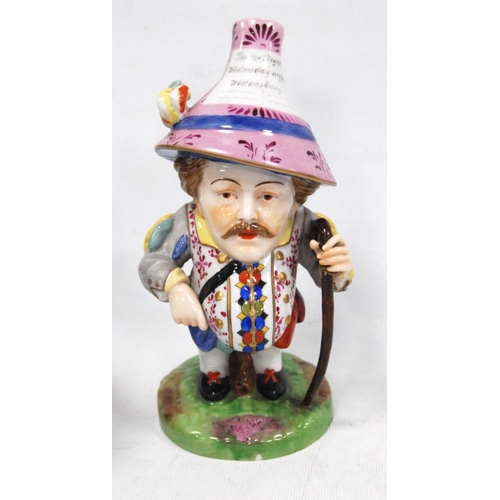 168 - Pair of early 20th century Royal Crown Derby Mansion House dwarf figures, both bearing slogans to th... 
