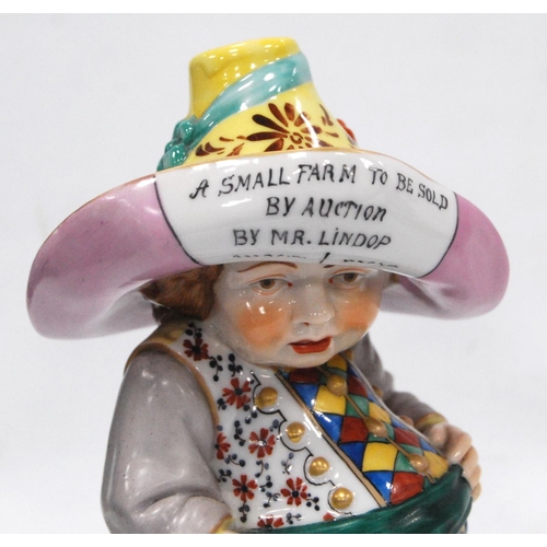 168 - Pair of early 20th century Royal Crown Derby Mansion House dwarf figures, both bearing slogans to th... 