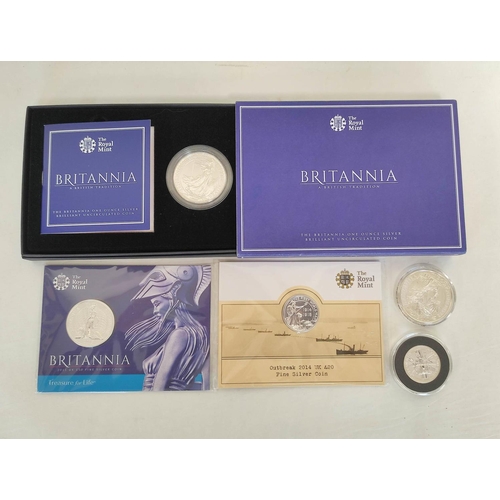 112 - Great Britain- Silver bullion coins to include three 1oz silver Britannias, one boxed and with paper... 