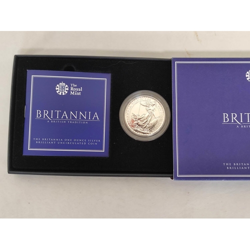 112 - Great Britain- Silver bullion coins to include three 1oz silver Britannias, one boxed and with paper... 