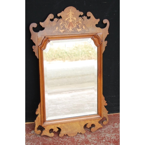 316 - George II style inlaid walnut fretwork wall mirror, inlaid with a floral motif to the frieze, 72cm h... 