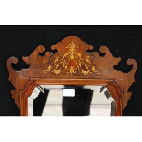316 - George II style inlaid walnut fretwork wall mirror, inlaid with a floral motif to the frieze, 72cm h... 