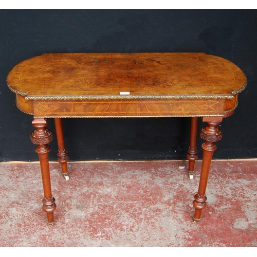 318 - 19th century French inlaid burr walnut hall table, the D-end top above an inlaid frieze decorated wi... 