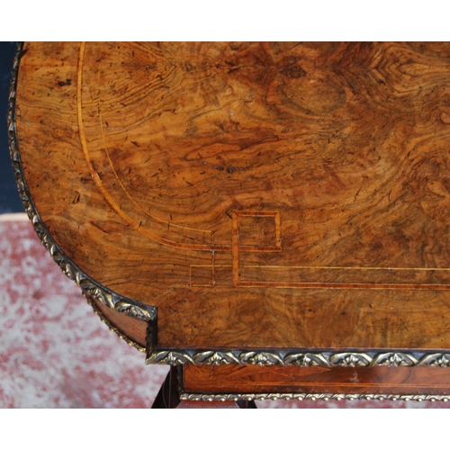 318 - 19th century French inlaid burr walnut hall table, the D-end top above an inlaid frieze decorated wi... 