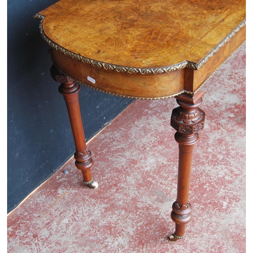 318 - 19th century French inlaid burr walnut hall table, the D-end top above an inlaid frieze decorated wi... 