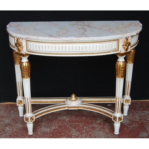 320 - French-style painted console table, the demi-lune shaped top with detachable marble surface above ap... 