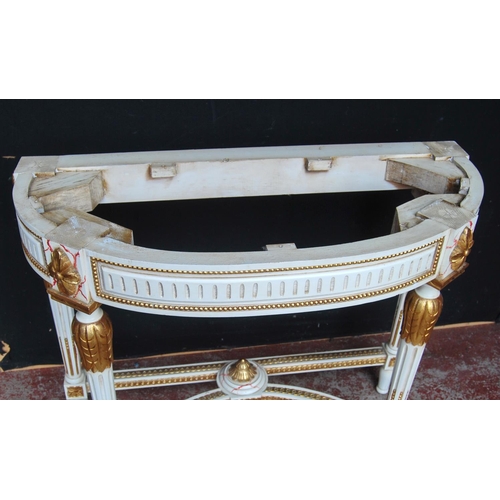 320 - French-style painted console table, the demi-lune shaped top with detachable marble surface above ap... 