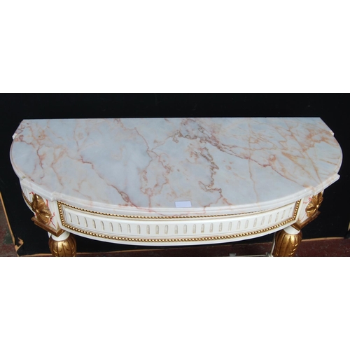 320 - French-style painted console table, the demi-lune shaped top with detachable marble surface above ap... 
