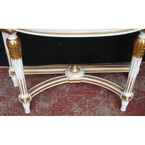320 - French-style painted console table, the demi-lune shaped top with detachable marble surface above ap... 
