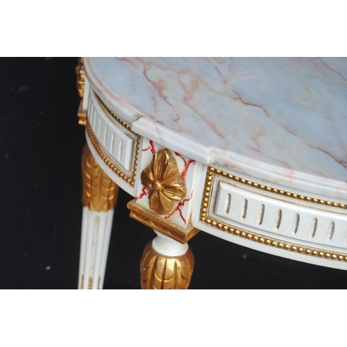 320 - French-style painted console table, the demi-lune shaped top with detachable marble surface above ap... 