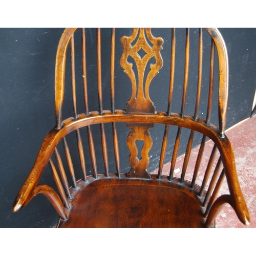 325 - 19th century ash and elm Windsor armchair, the hoop stick back with a pierced splat and dish seat, o... 