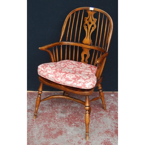 326 - 19th century ash and elm Windsor armchair, the hoop stick back with a pierced splat and dish seat, o... 