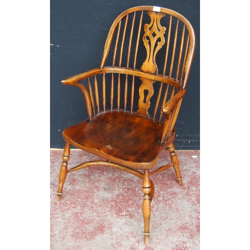 326 - 19th century ash and elm Windsor armchair, the hoop stick back with a pierced splat and dish seat, o... 
