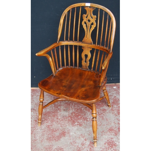 327 - 19th century ash and elm Windsor armchair, the hoop stick back with a pierced splat and dish seat, o... 