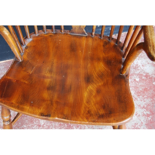 327 - 19th century ash and elm Windsor armchair, the hoop stick back with a pierced splat and dish seat, o... 