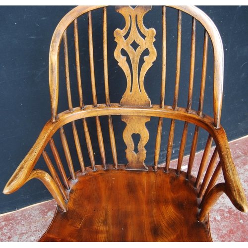 327 - 19th century ash and elm Windsor armchair, the hoop stick back with a pierced splat and dish seat, o... 