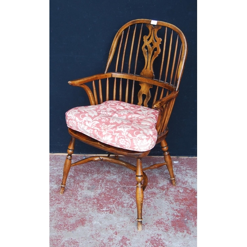 328 - 19th century ash and elm Windsor armchair, the hoop stick back with a pierced splat and dish seat, o... 