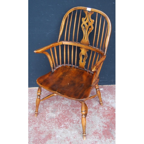 328 - 19th century ash and elm Windsor armchair, the hoop stick back with a pierced splat and dish seat, o... 