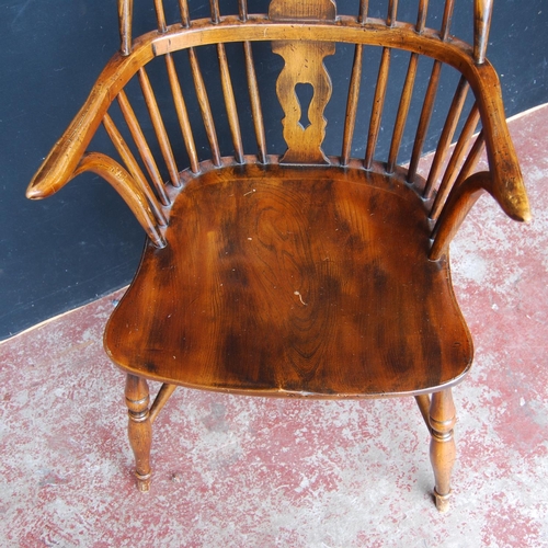 328 - 19th century ash and elm Windsor armchair, the hoop stick back with a pierced splat and dish seat, o... 