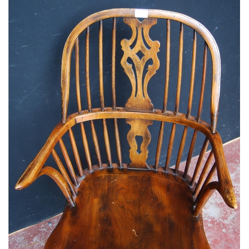 328 - 19th century ash and elm Windsor armchair, the hoop stick back with a pierced splat and dish seat, o... 