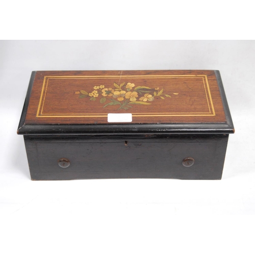 128 - Late 19th century inlaid rosewood music box, the glazed panel enclosing a single cylinder, 11.5cm hi... 