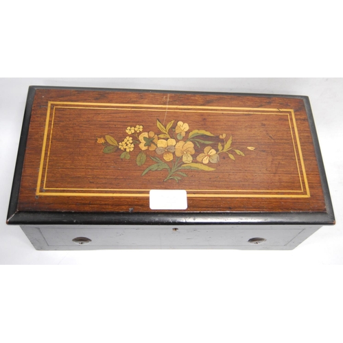 128 - Late 19th century inlaid rosewood music box, the glazed panel enclosing a single cylinder, 11.5cm hi... 