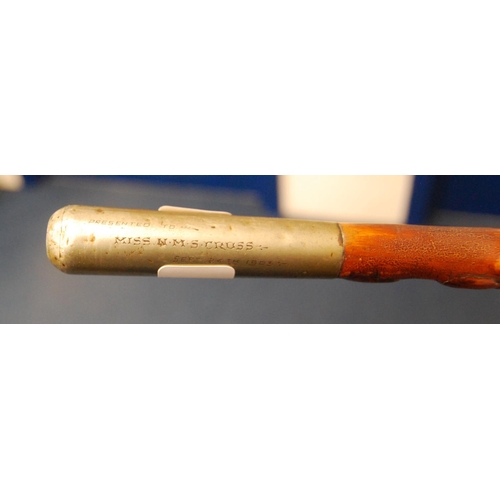 130 - Late 19th century holly or blackthorn carriage driving whip with engraved white metal pommel, 'Prese... 