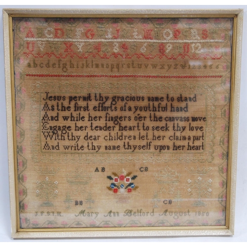 131 - Victorian needlepoint sampler worked by Mary Ann Belford, August 1850, with alphabet above a written... 