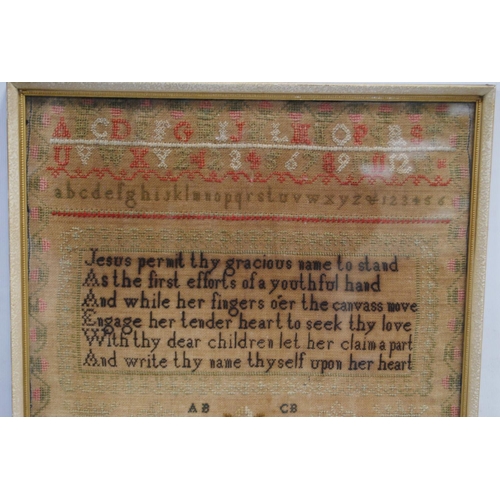 131 - Victorian needlepoint sampler worked by Mary Ann Belford, August 1850, with alphabet above a written... 