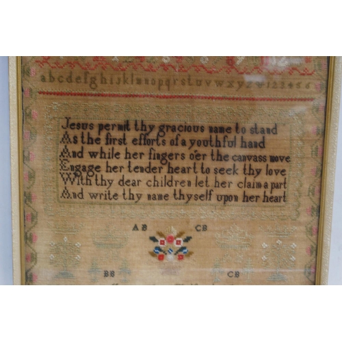 131 - Victorian needlepoint sampler worked by Mary Ann Belford, August 1850, with alphabet above a written... 