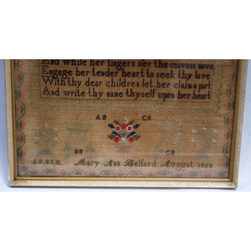 131 - Victorian needlepoint sampler worked by Mary Ann Belford, August 1850, with alphabet above a written... 