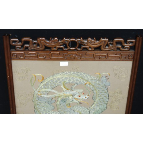 329 - Chinese hardwood firescreen, decorated with an embroidered panel of a dragon, beneath glass, 86cm hi... 