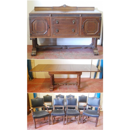319 - Oak ten-piece dining room suite, comprising a sideboard, pull-out extending dining table and eight c... 