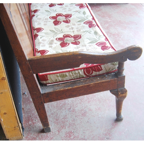 321 - Early 19th century oak hall bench, with a four-section panelled back above a later slatted seat, wit... 