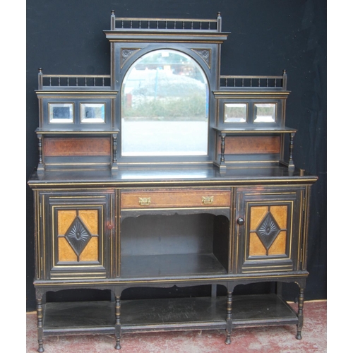 323 - Late 19th century Aesthetic Movement ebonised and walnut drawing room cabinet, the top section with ... 