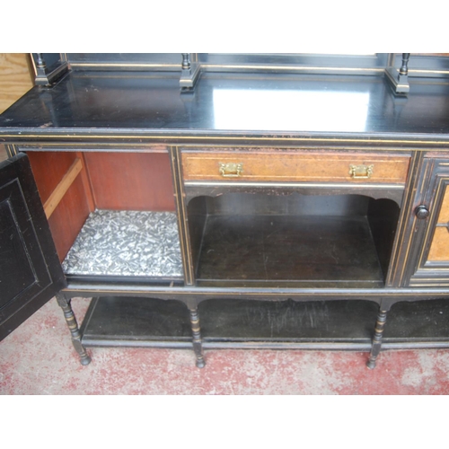 323 - Late 19th century Aesthetic Movement ebonised and walnut drawing room cabinet, the top section with ... 