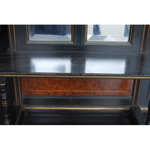 323 - Late 19th century Aesthetic Movement ebonised and walnut drawing room cabinet, the top section with ... 