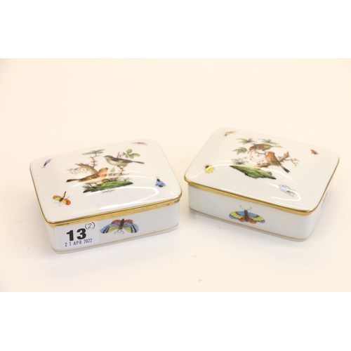 13 - Two Herend ceramic trinket boxes decorated with birds and insects, 7973/RO to base, 10cm wide.