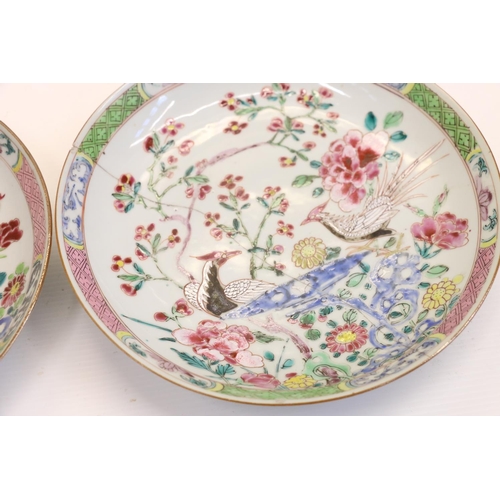 15 - Pair of 19th century Chinese plates decorated with birds of paradise amongst prunus flowers, 22cm di... 