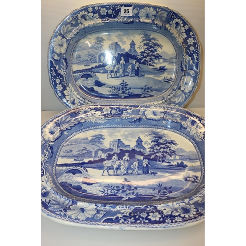 25 - Two antique transfer printed ashets decorated with figures by a river, largest measures 48.5cm wide.... 