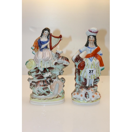 27 - Two Staffordshire flatback models to include a female with a harp and a female with lambs, 26cm.