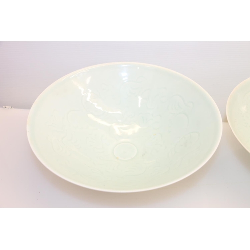 39 - Pair of oriental celadon ground bowls, 21cm.
