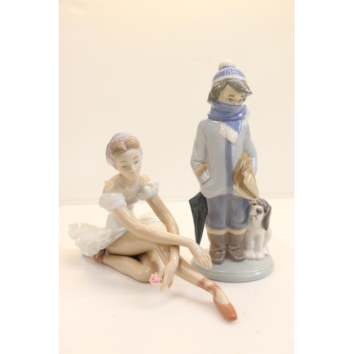 4 - Lladro model of a seated ballerina 13cm, and another of a child with dog.  (2)